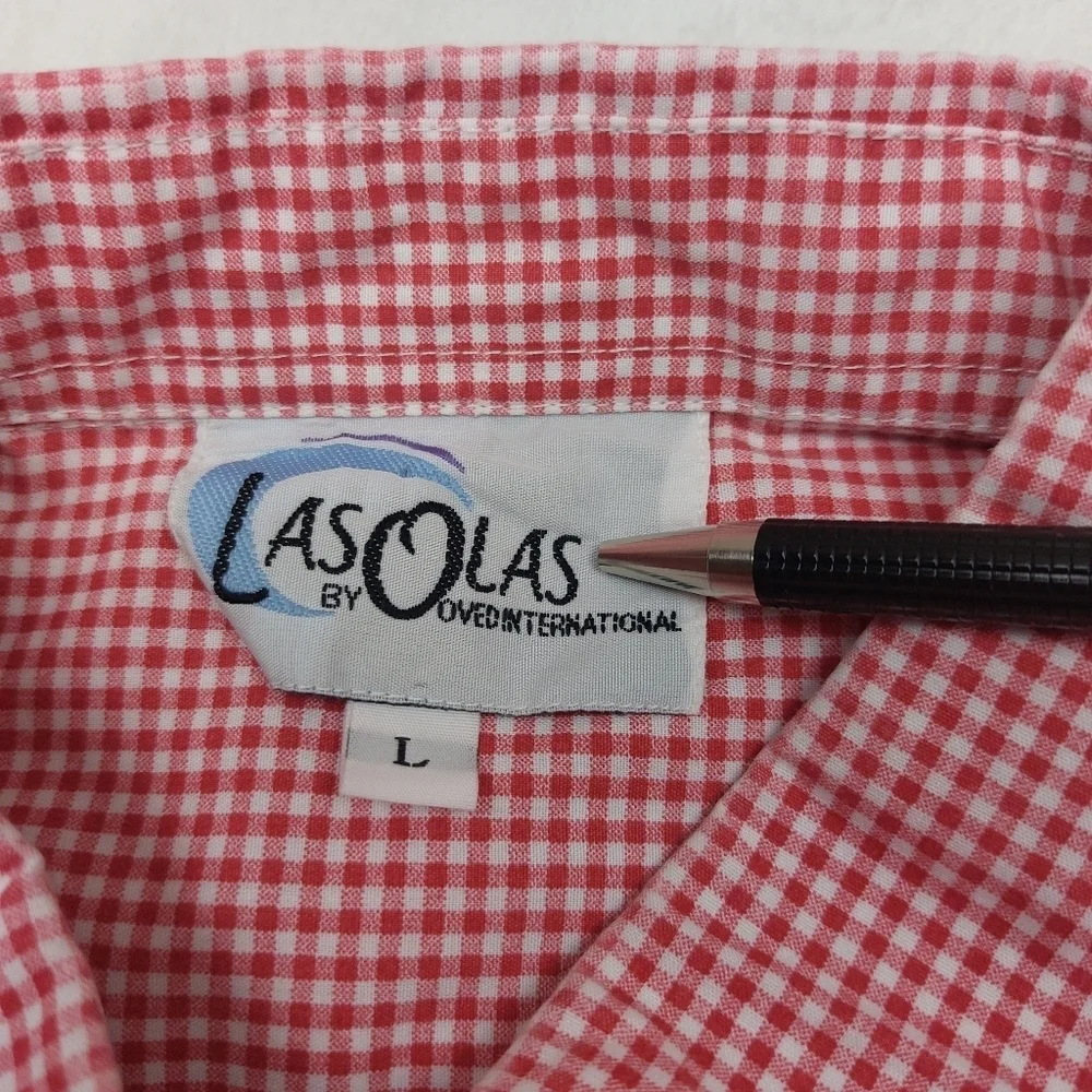 LAS OLAS WOMENS VINTAGE RED WHITE GINGHAM SNOWMAN HOLIDAY CHRISTMAS BUTTON UP L - Picture 6 of 9